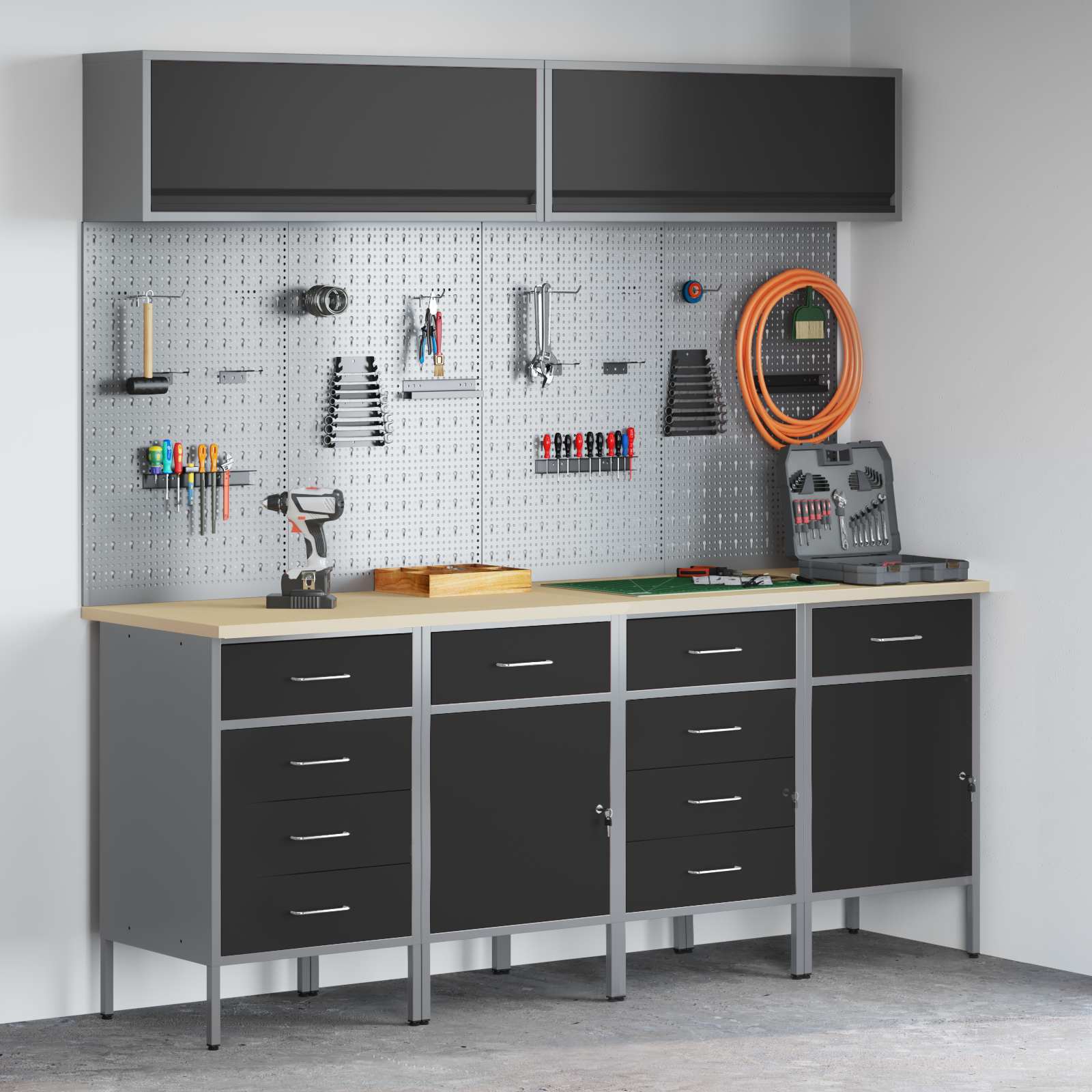 Arbeitsschrankset mit Schubladen mit Speicher 10 pcs Schwarz