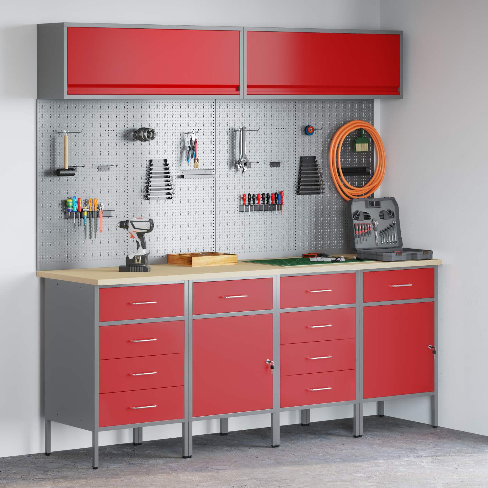 Arbeitsschrankset mit Schubladen mit Speicher 10 pcs Rot