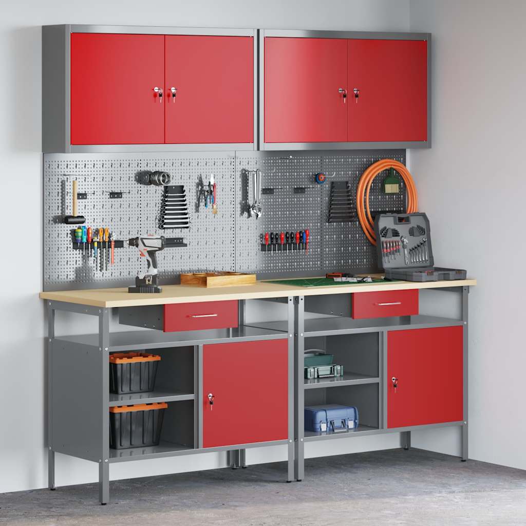 Werkbank-Set 8 pcs Rot und Grau Pulverbeschichteter Stahl