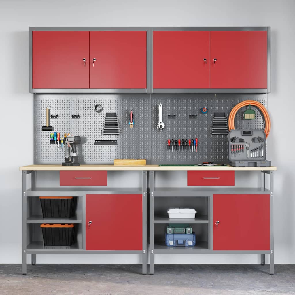 Werkbank-Set 8 pcs Rot und Grau Pulverbeschichteter Stahl