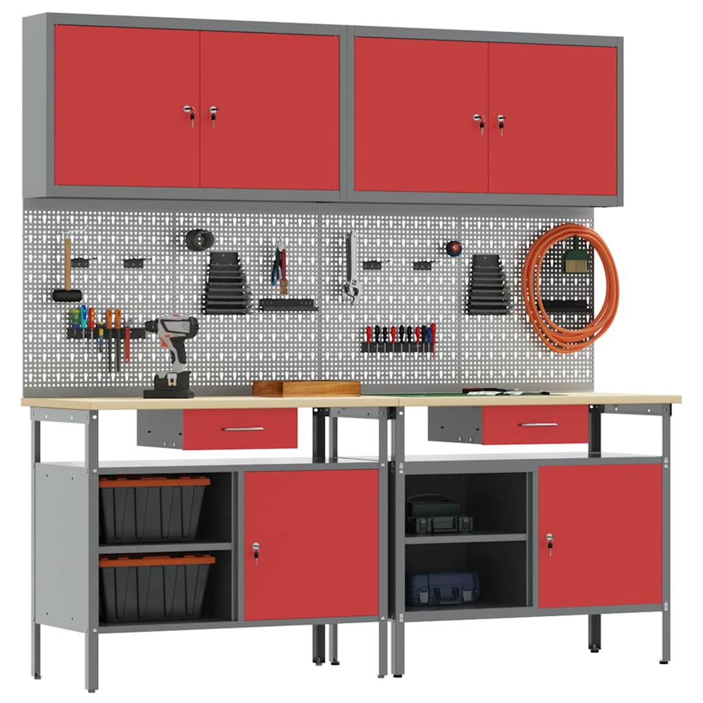 Werkbank-Set 8 pcs Rot und Grau Pulverbeschichteter Stahl