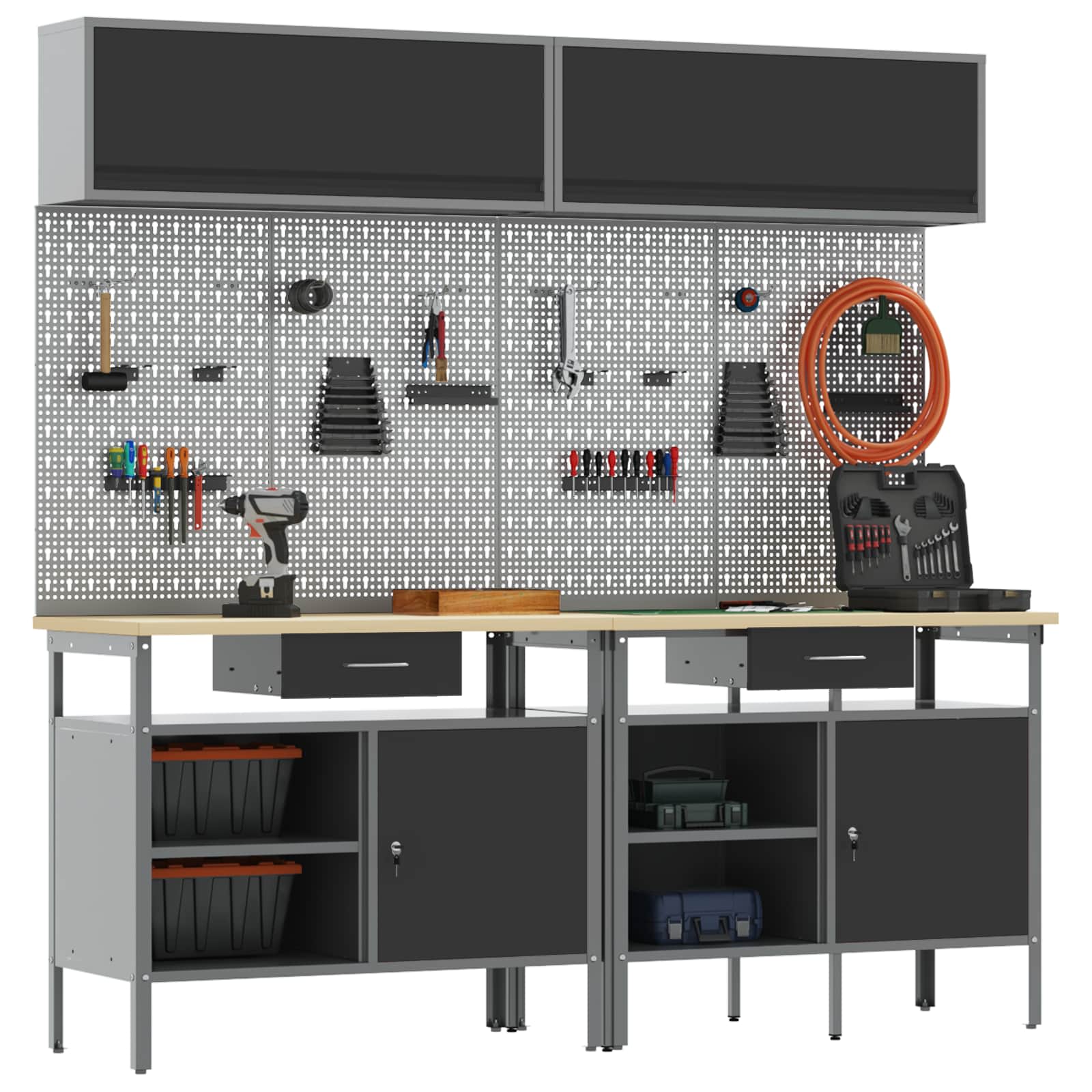 Werkbank-Set 8 pcs Schwarz und Grau Pulverbeschichteter Stahl