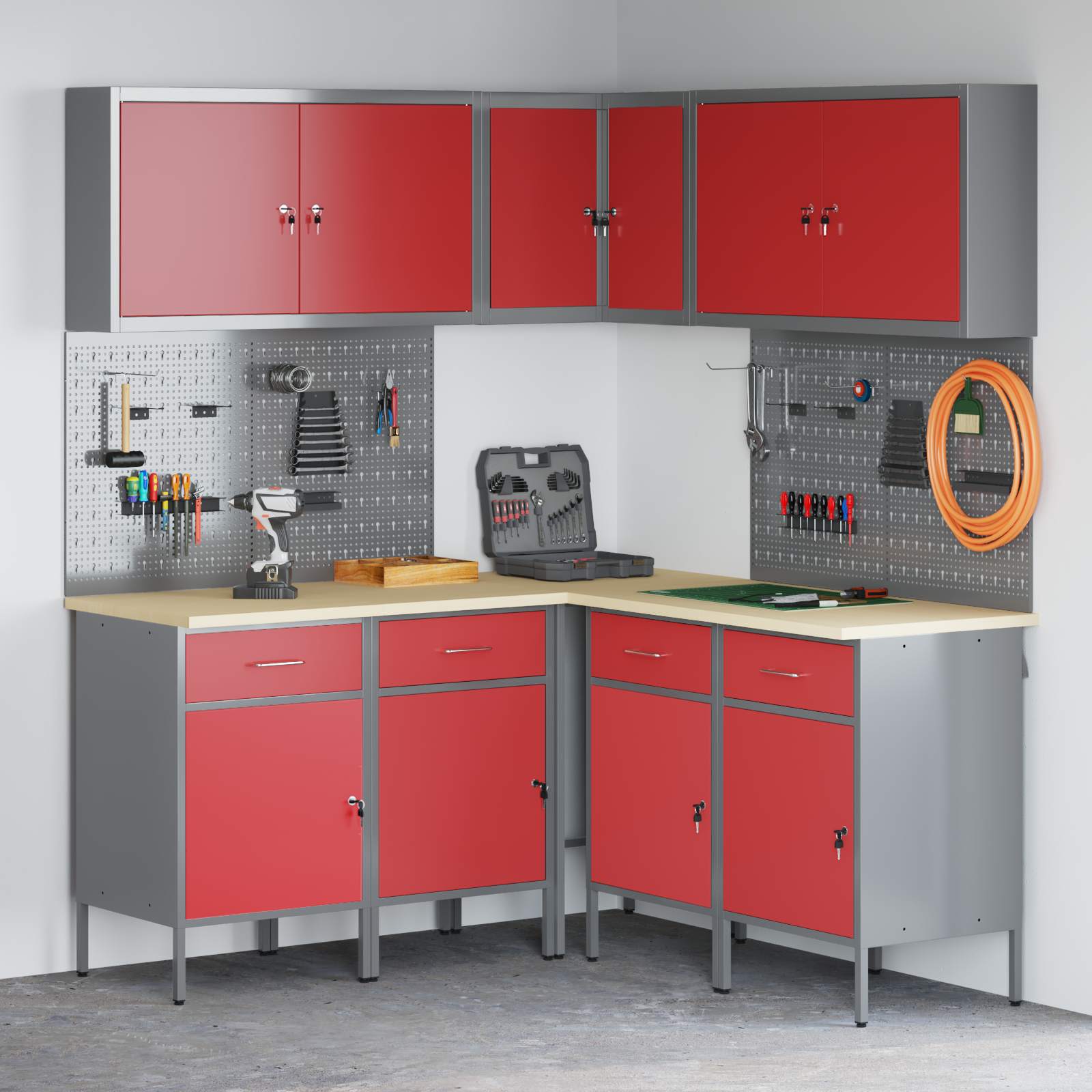 Arbeitsschrankset mit Schubladen mit Regal 12 pcs Rot und Grau