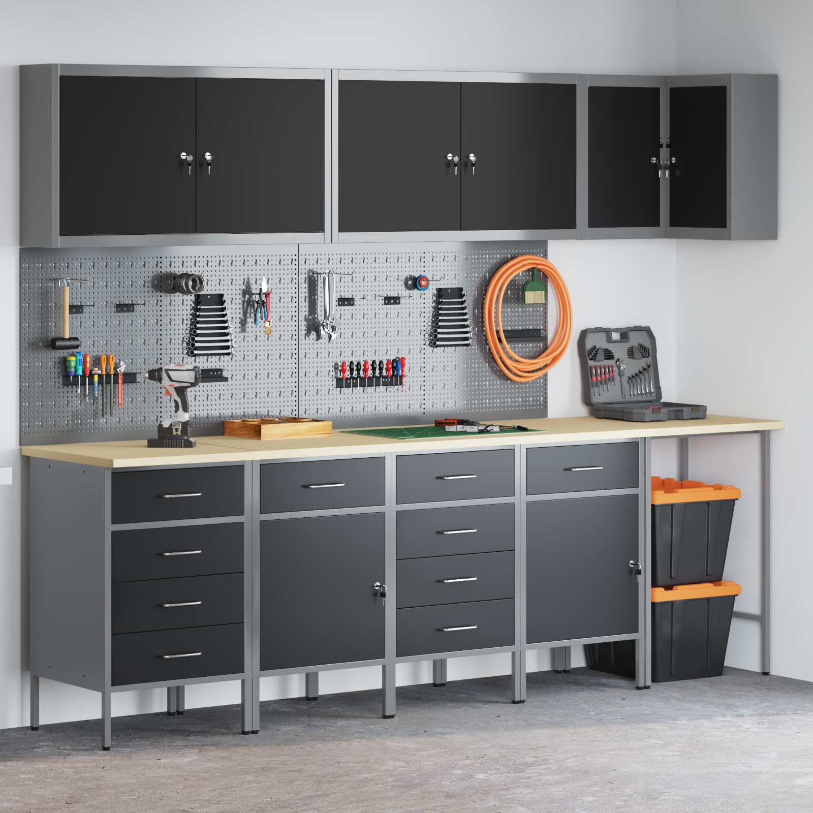 Arbeitsschrankset mit Schubladen 12 pcs Schwarz und Grau