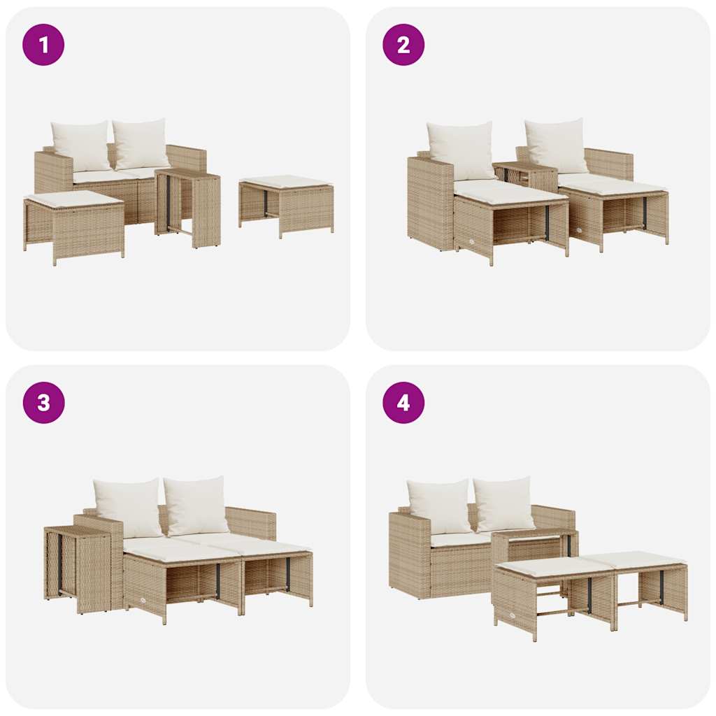 5-tlg. Garten-Sofagarnitur Kissen Stapelbar Beige Poly Rattan