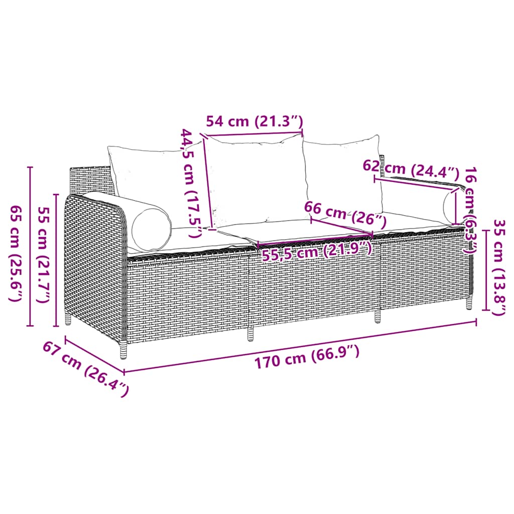 Gartensofa mit Kissen 3-Sitzer Schwarz Poly Rattan
