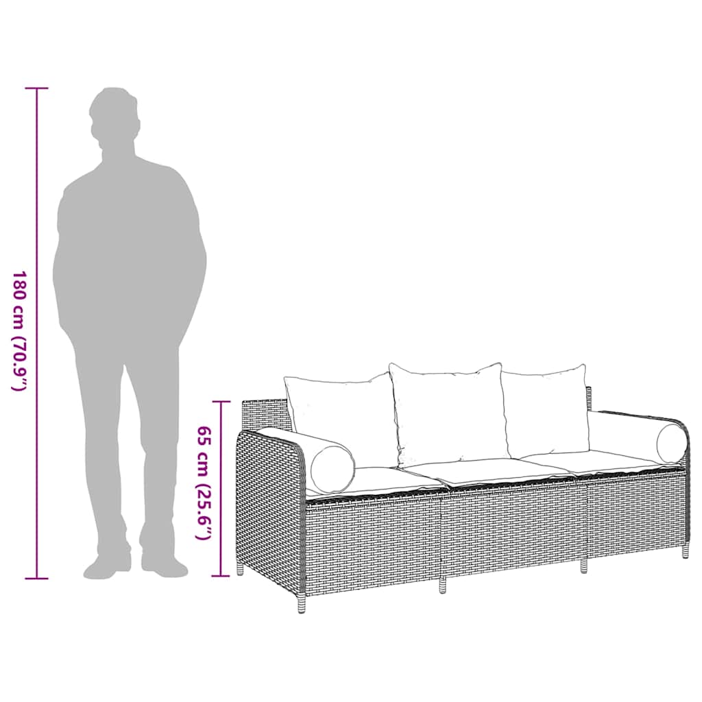 Gartensofa mit Kissen 3-Sitzer Braun Poly Rattan