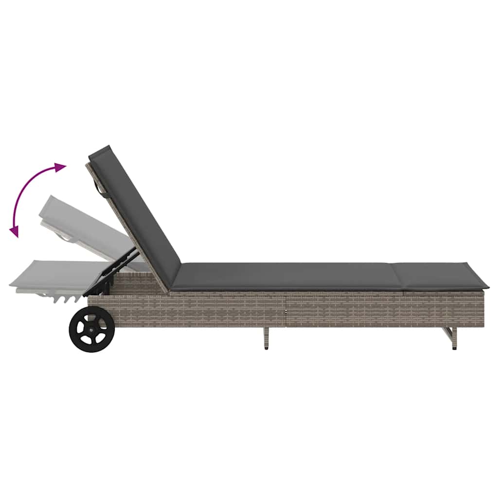 Sonnenliege mit Rollen und Auflage Grau Poly Rattan