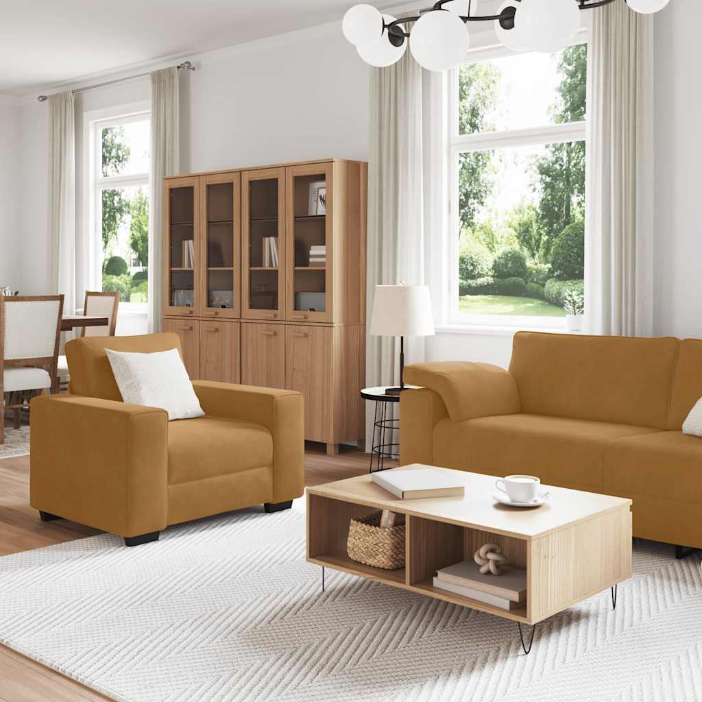 3-tlg. Sofagarnitur mit Kissen Braun Samt