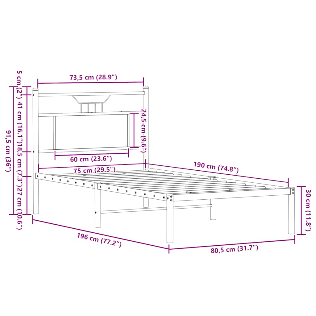 Bettgestell ohne Matratze Braun Eiche 75x190 cm Holzwerkstoff