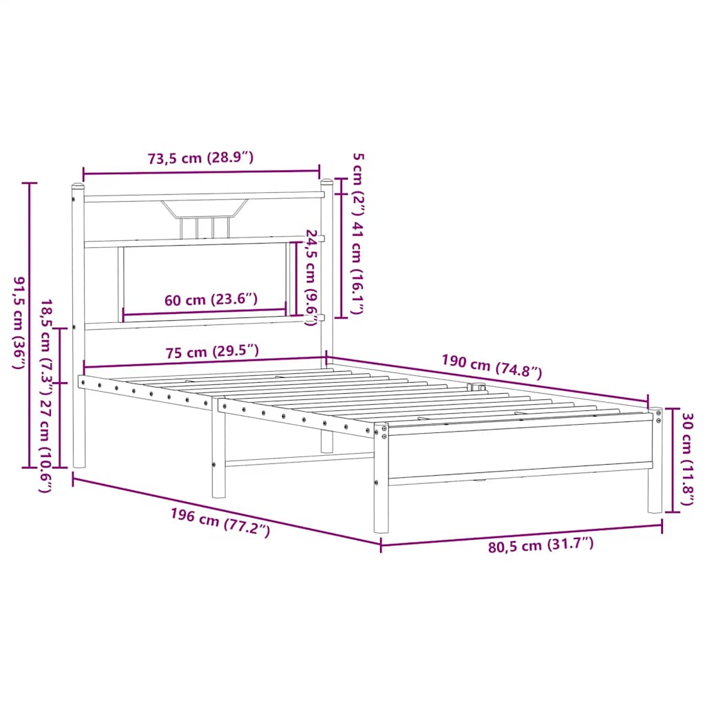 Bettgestell ohne Matratze Räuchereiche 75x190 cm Holzwerkstoff