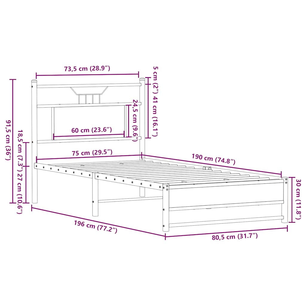 Bettgestell ohne Matratze Räuchereiche 75x190 cm Holzwerkstoff