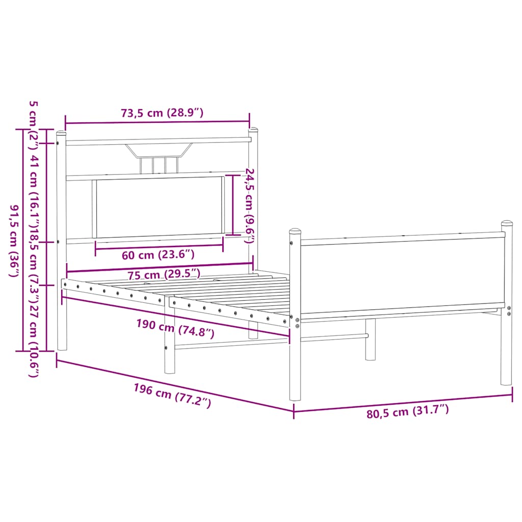 Bettgestell ohne Matratze Braun Eiche 75x190 cm Holzwerkstoff