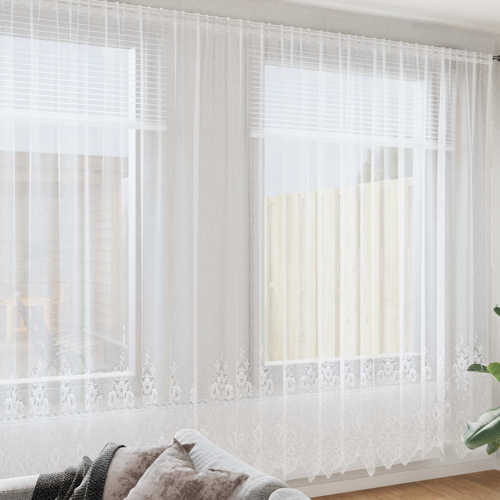 Spitzenvorhang mit Vorhängen Floral Weiß 300 x 500 cm Polyester