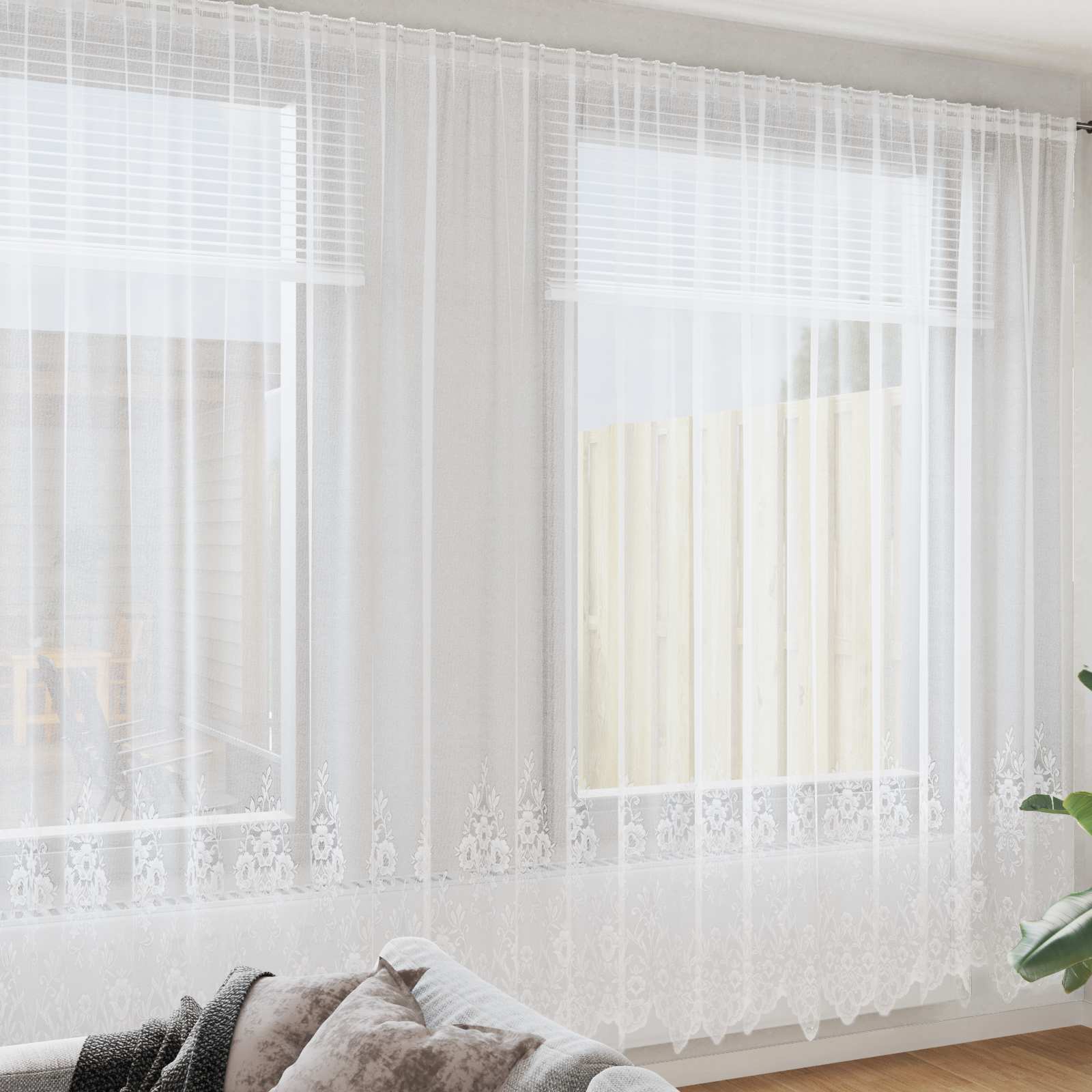 Spitzenvorhang mit Vorhängen Floral Weiß 300 x 900 cm Polyester