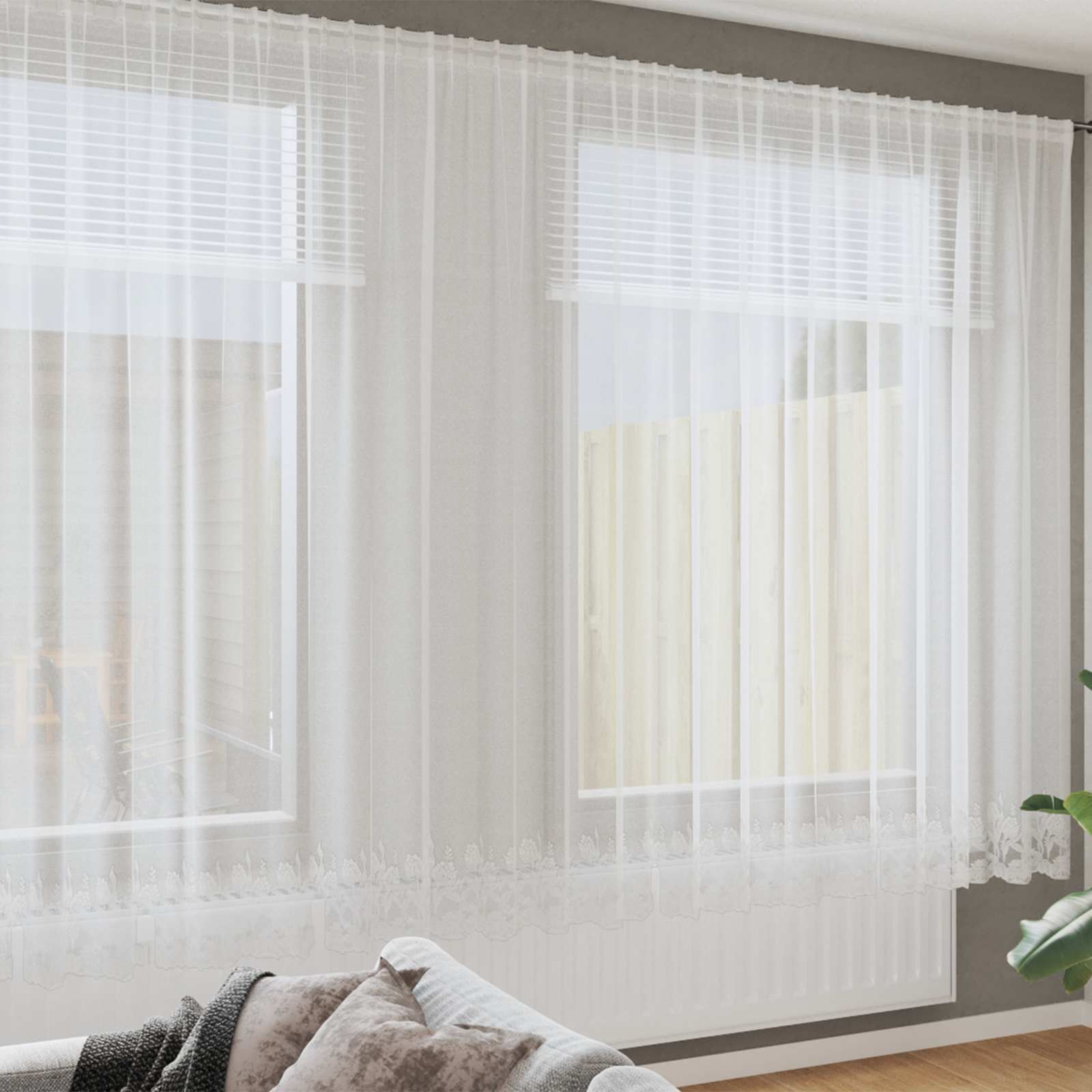 Spitzenvorhang mit Vorhängen Floral Weiß 220 x 600 cm Polyester