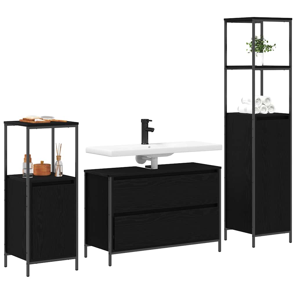 Badezimmermöbel-Set 3 pcs Schwarz Eichen-Optik Holzwerkstoff