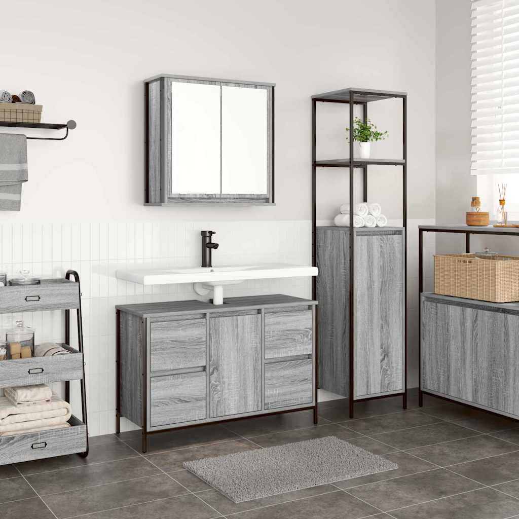 Badezimmermöbel Set mit Regal 2 pcs Grau Sonoma und Schwarz