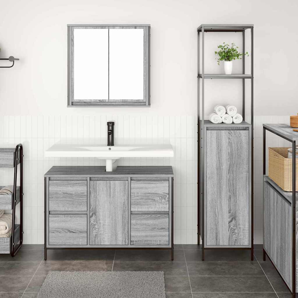 Badezimmermöbel Set mit Regal 2 pcs Grau Sonoma und Schwarz
