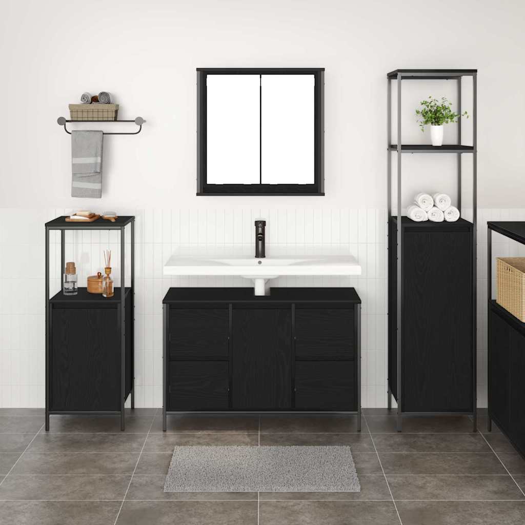 Badezimmermöbel-Set 3 pcs Schwarz Eichen-Optik Holzwerkstoff
