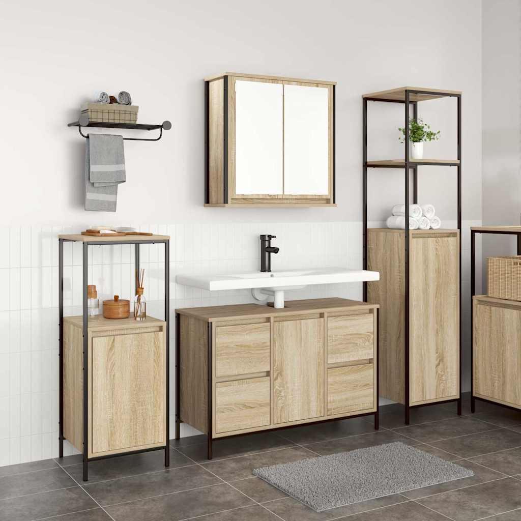 Badezimmermöbel Set mit Regal 3 pcs Sonoma-Eiche und Schwarz