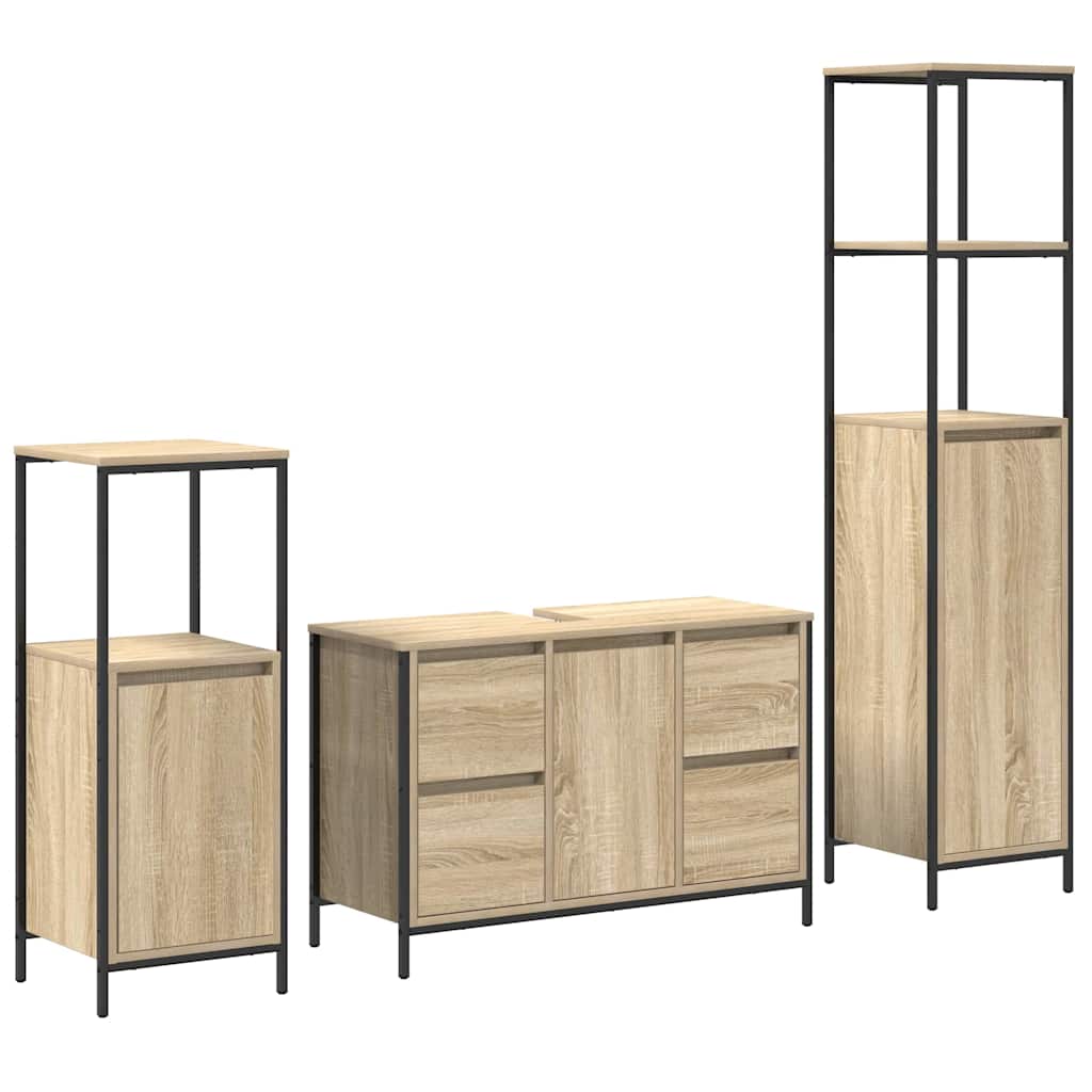 Badezimmermöbel Set mit Regal 3 pcs Sonoma-Eiche und Schwarz