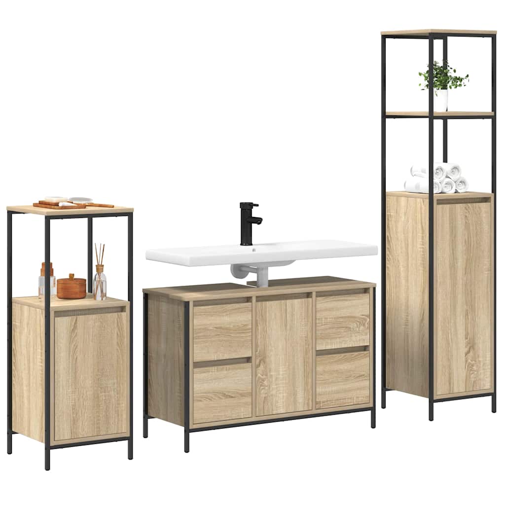 Badezimmermöbel Set mit Regal 3 pcs Sonoma-Eiche und Schwarz