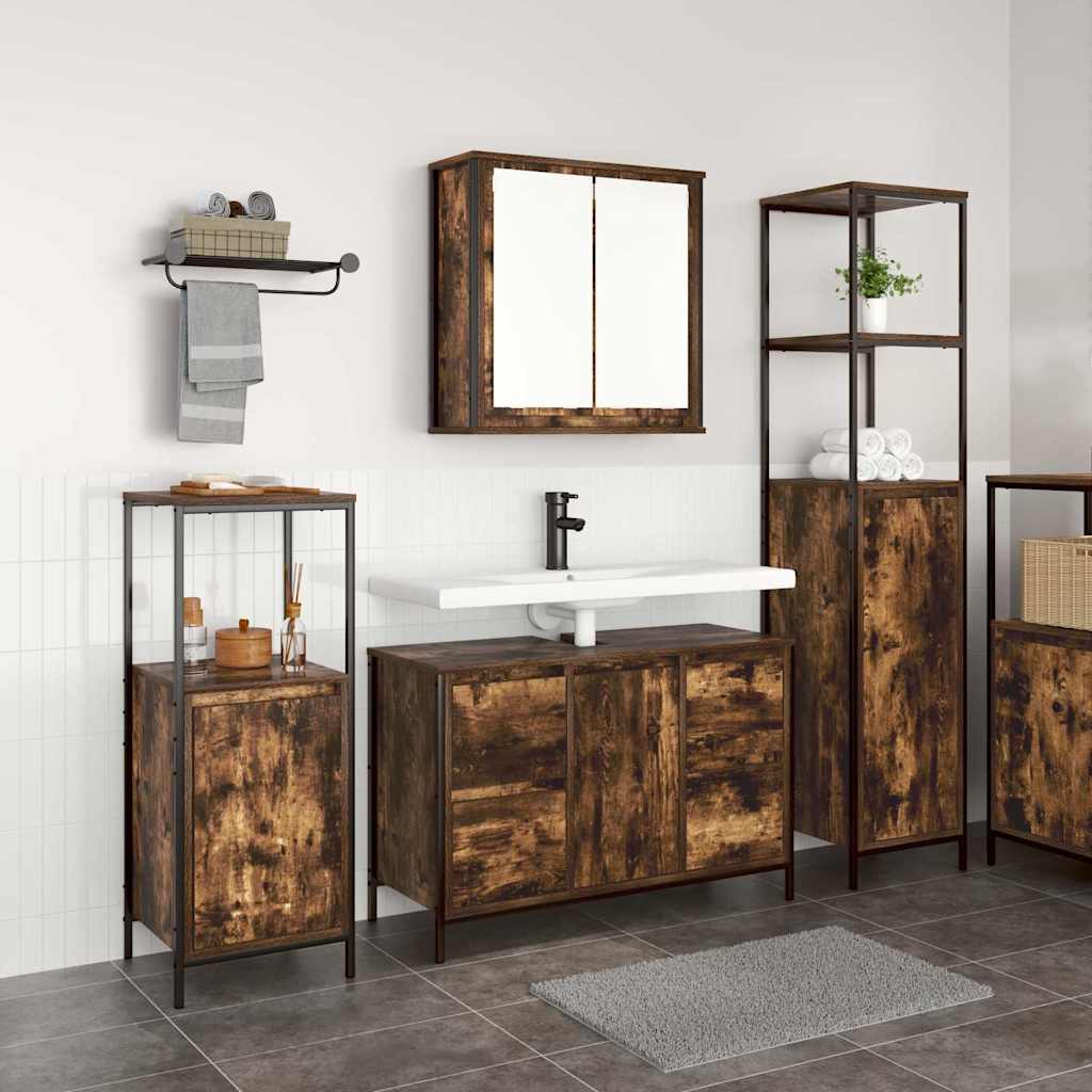 Badezimmermöbel-Set mit Tür 3 pcs Geräucherte Eiche und Schwarz
