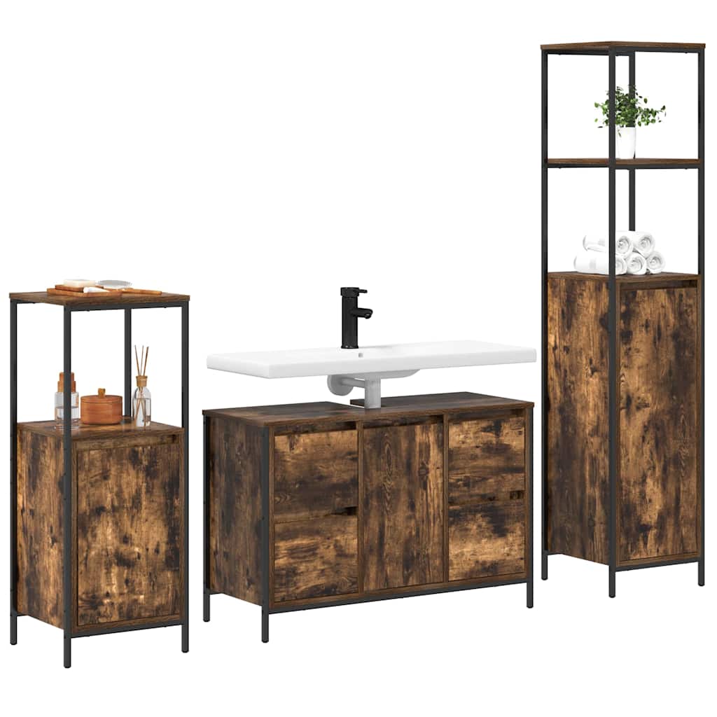 Badezimmermöbel-Set mit Tür 3 pcs Geräucherte Eiche und Schwarz