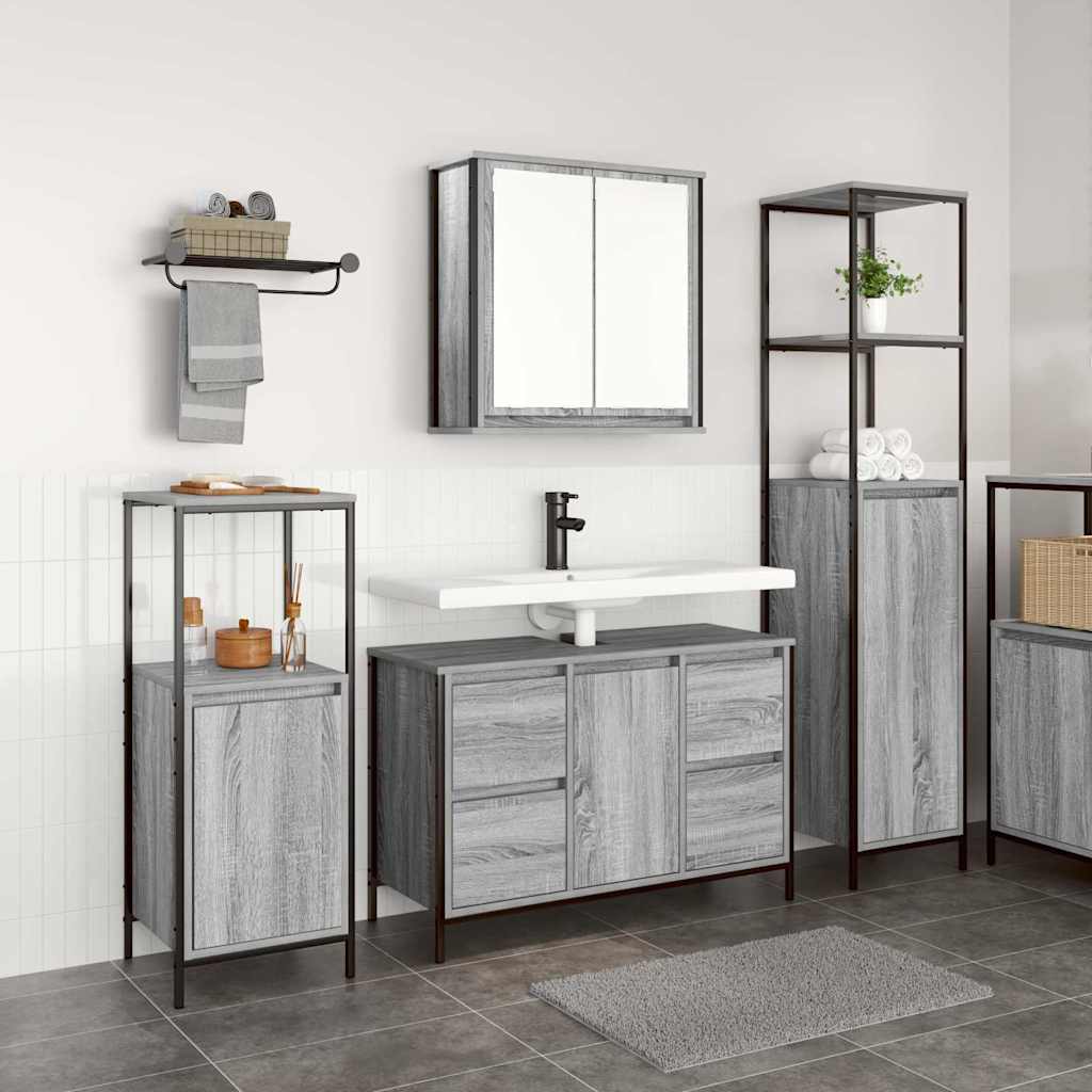 Badezimmermöbel Set mit Regal 3 pcs Grau Sonoma und Schwarz