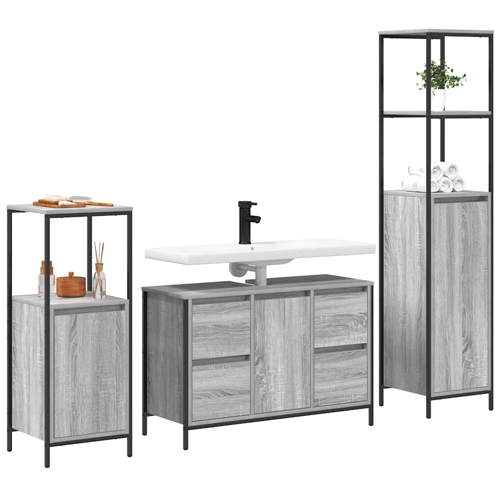 Badezimmermöbel Set mit Regal 3 pcs Grau Sonoma und Schwarz