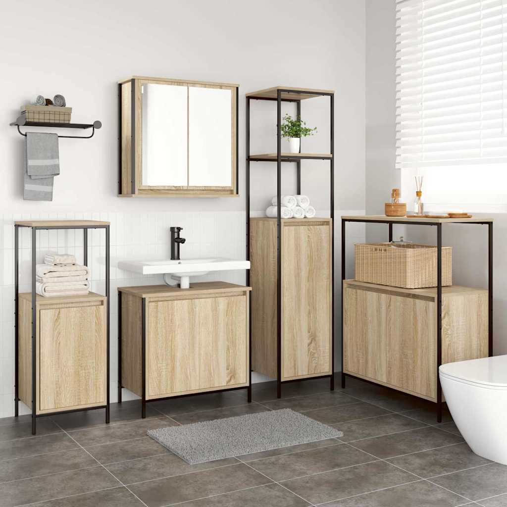 Badezimmermöbel-Set mit Regal 5 pcs Sonoma Eiche und Schwarz