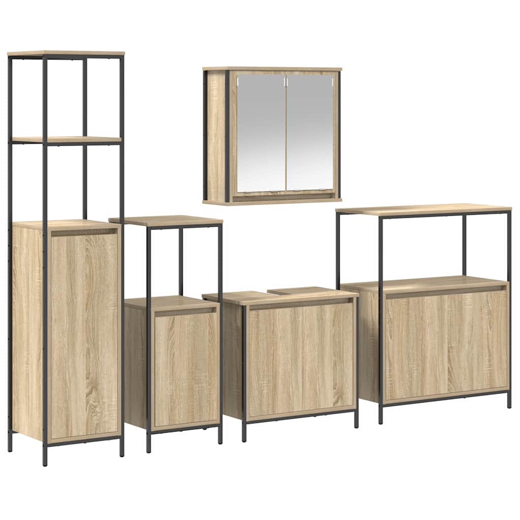 Badezimmermöbel-Set mit Regal 5 pcs Sonoma Eiche und Schwarz