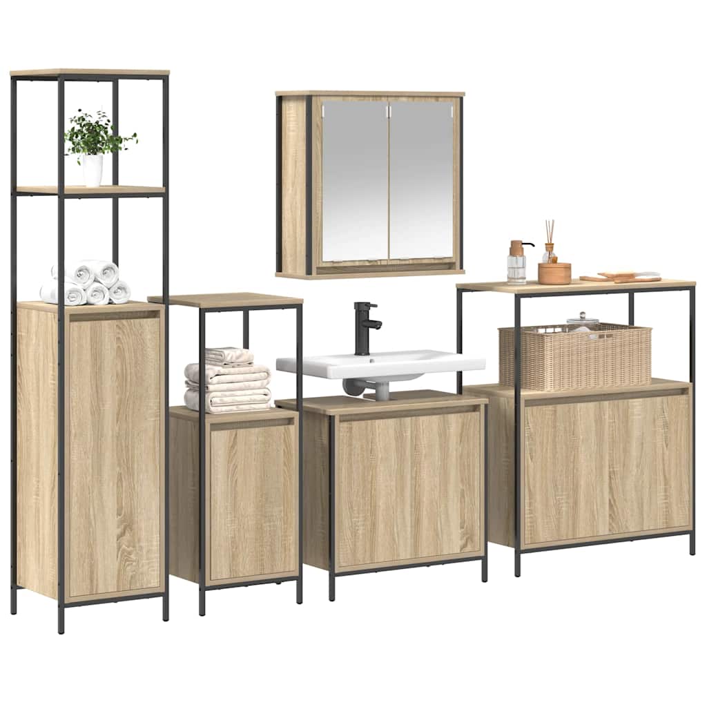 Badezimmermöbel-Set mit Regal 5 pcs Sonoma Eiche und Schwarz