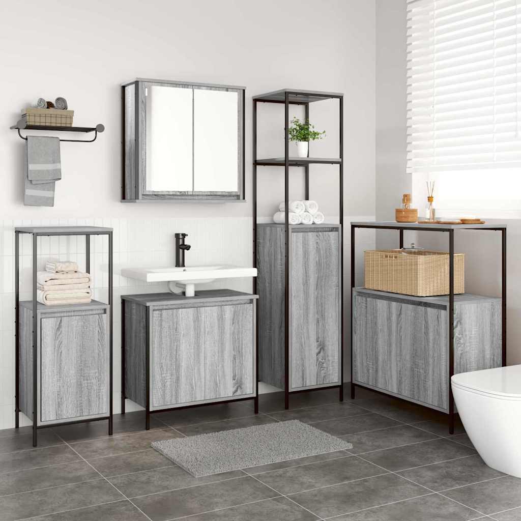 Badezimmermöbel-Set 5 pcs Grau Sonoma und Schwarz Holzwerkstoff