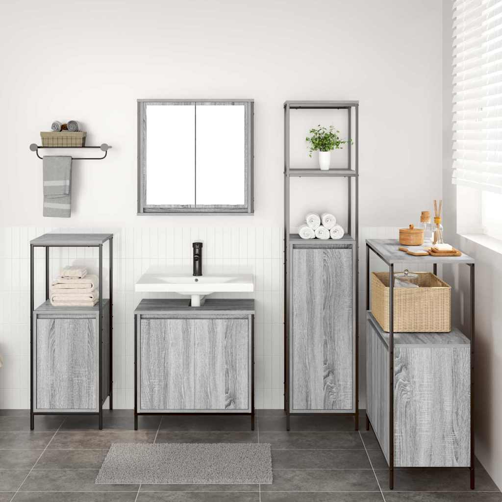 Badezimmermöbel-Set 5 pcs Grau Sonoma und Schwarz Holzwerkstoff
