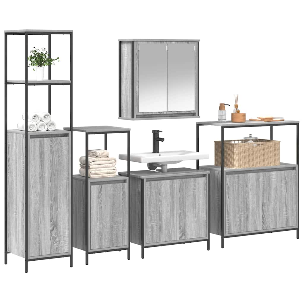 Badezimmermöbel-Set 5 pcs Grau Sonoma und Schwarz Holzwerkstoff