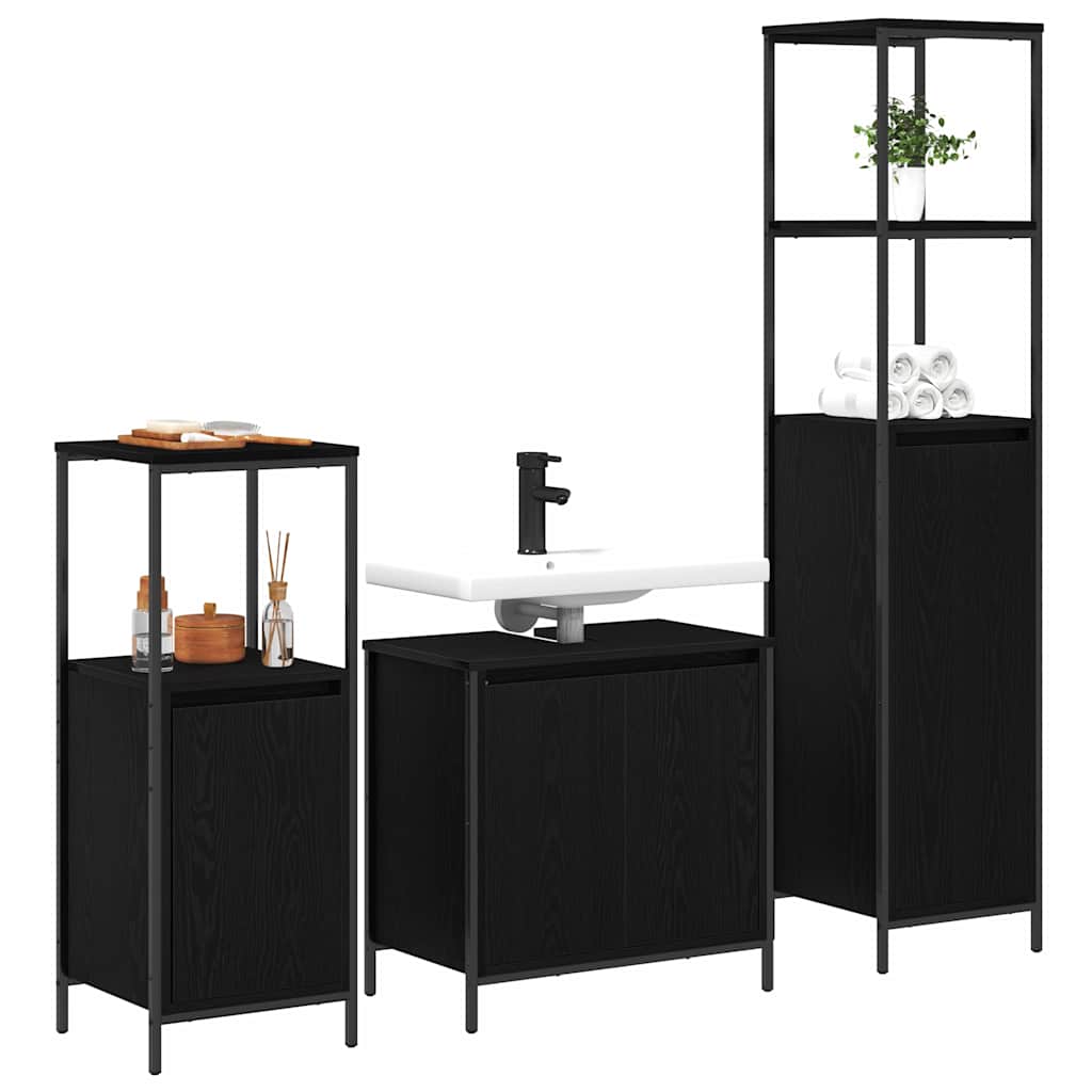 Badezimmermöbel-Set 3 pcs Schwarz Eichen-Optik Holzwerkstoff
