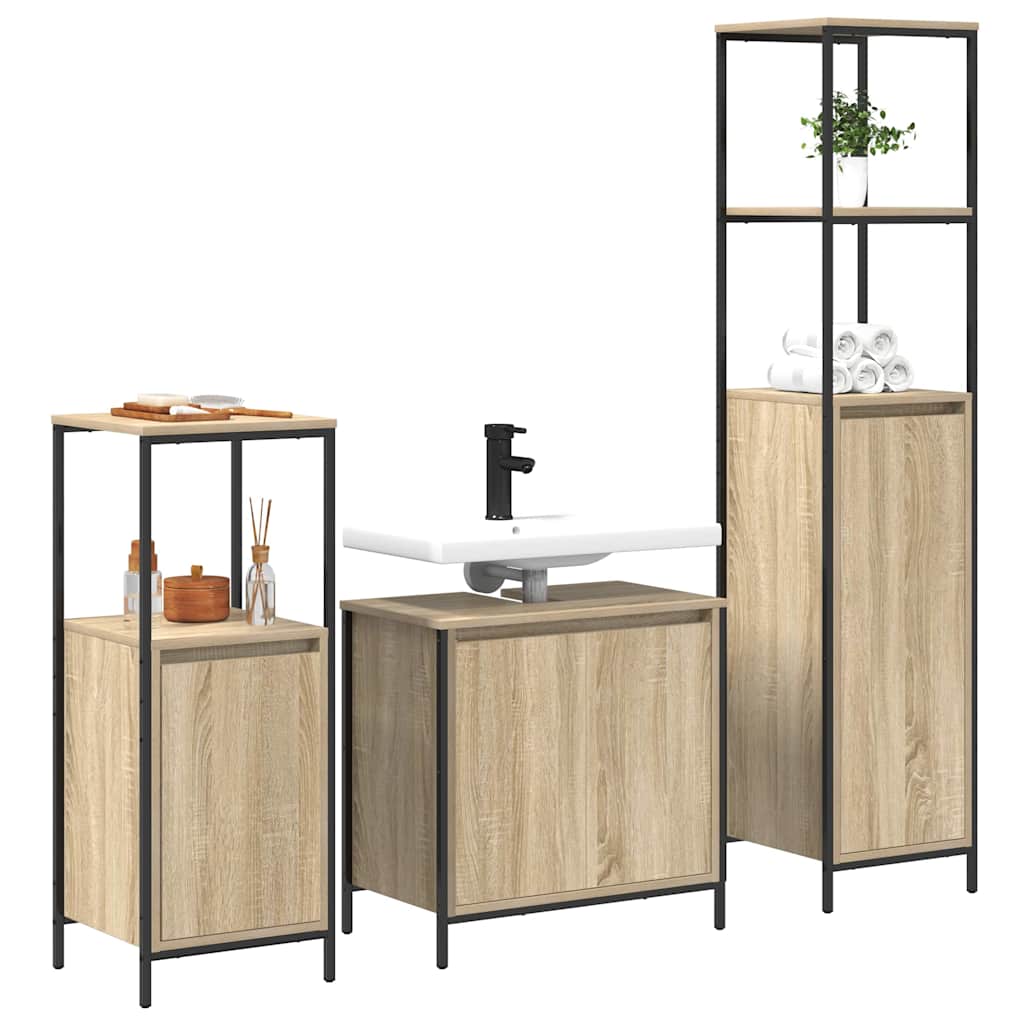 Badezimmermöbel-Set mit Regal 3 pcs Sonoma Eiche und Schwarz