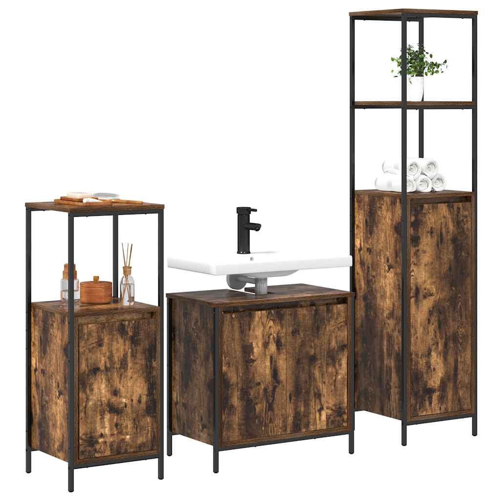 Badezimmermöbel-Set mit Tür 3 pcs Geräucherte Eiche und Schwarz