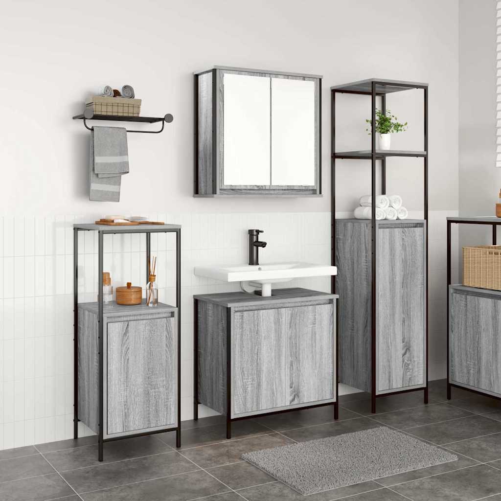 Badezimmermöbel-Set 3 pcs Grau Sonoma und Schwarz Holzwerkstoff