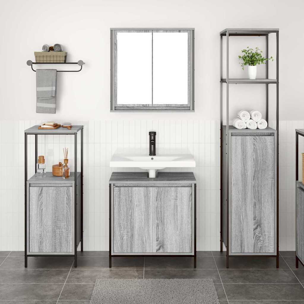 Badezimmermöbel-Set 3 pcs Grau Sonoma und Schwarz Holzwerkstoff