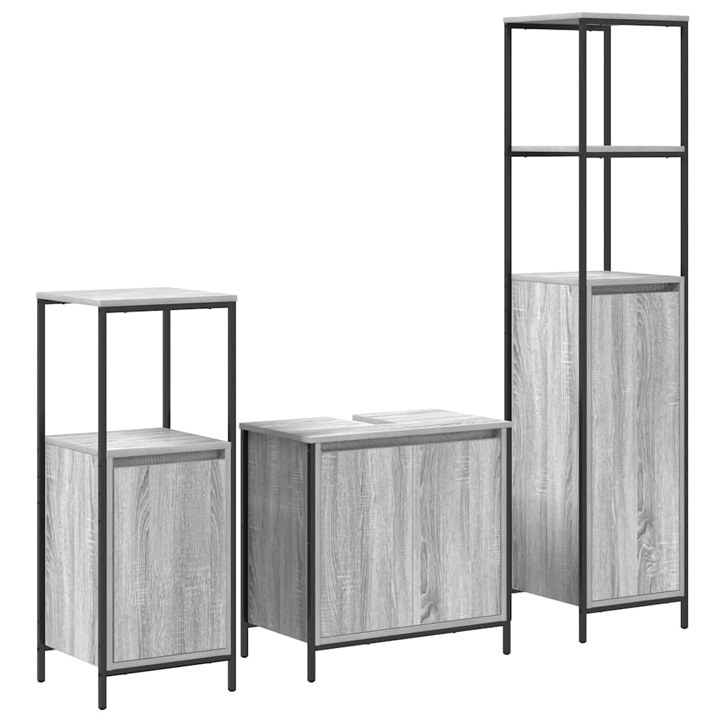 Badezimmermöbel-Set 3 pcs Grau Sonoma und Schwarz Holzwerkstoff