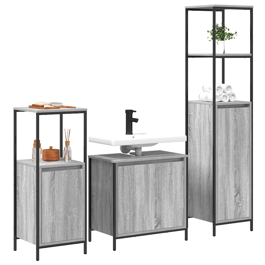 Badezimmermöbel-Set 3 pcs Grau Sonoma und Schwarz Holzwerkstoff