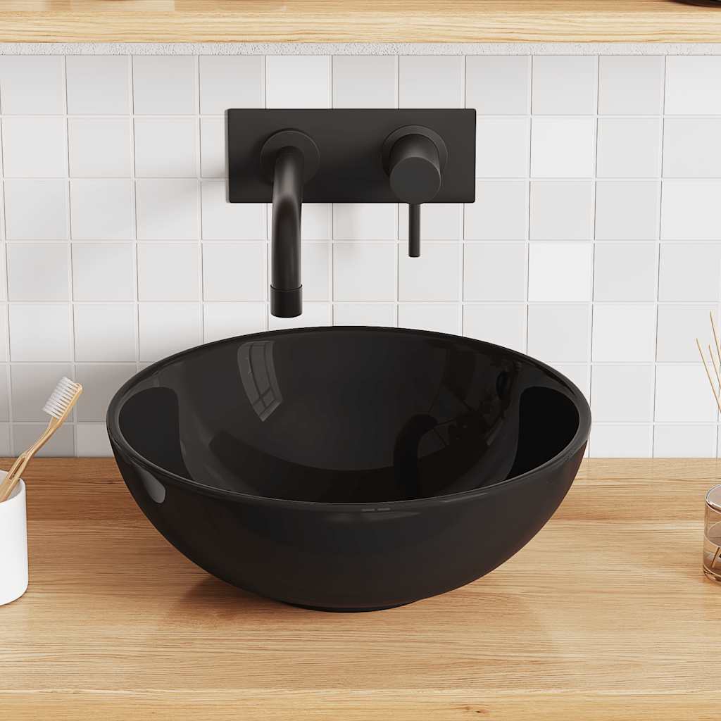Waschbecken Schwarz Glänzend Ø28x10 cm Keramik