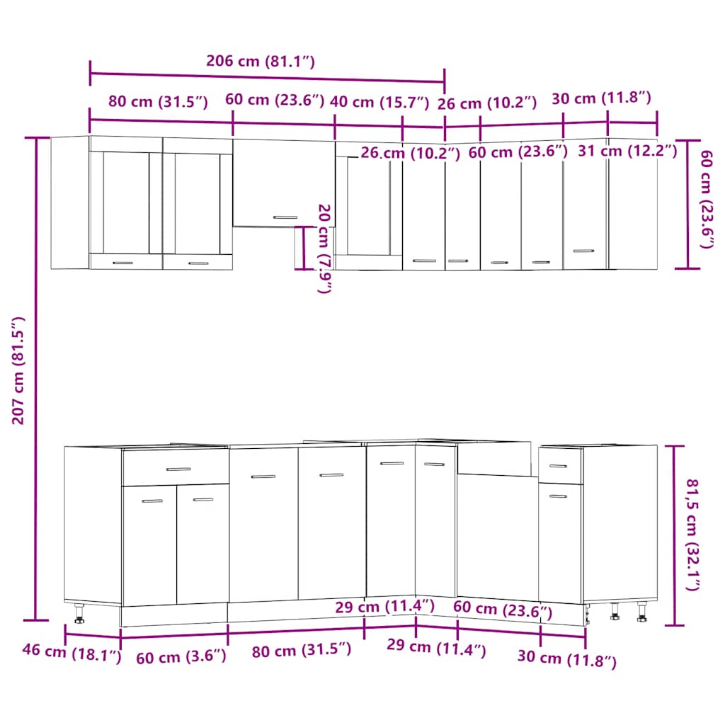 11-tlg. Küchenschrank-Set Lyon Artisan-Eiche Holzwerkstoff