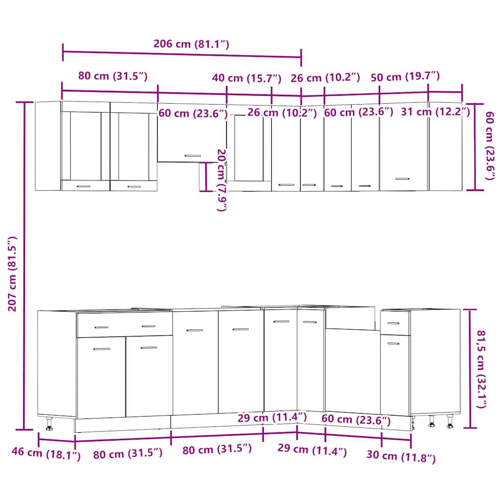 11-tlg. Küchenschrank-Set Lyon Artisan-Eiche Holzwerkstoff