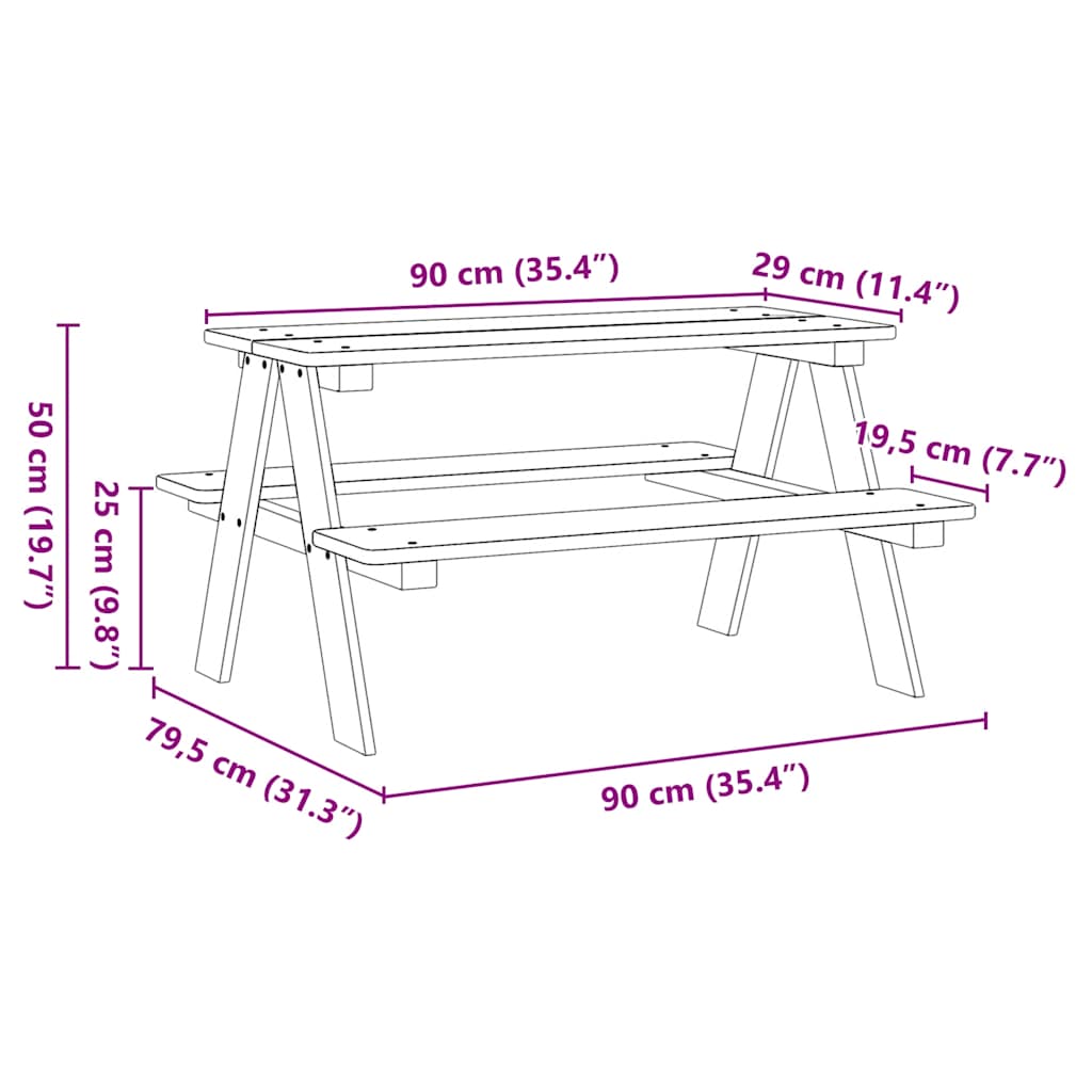 Kindertisch mit Bänken IRUN 90x79,5x50 cm Massivholz