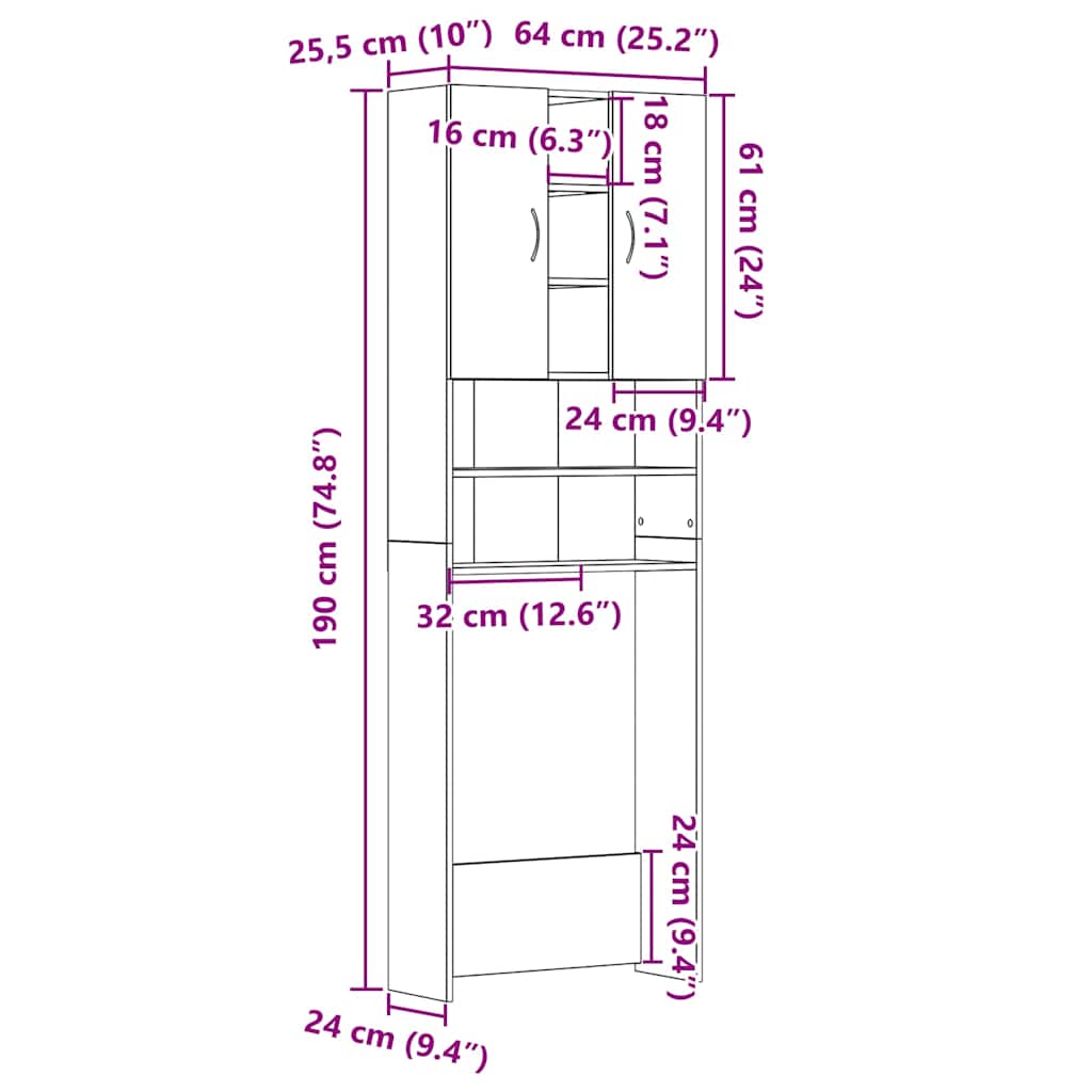 Waschmaschinenschrank Schwarz Eichen-Optik 64x25,5x190 cm