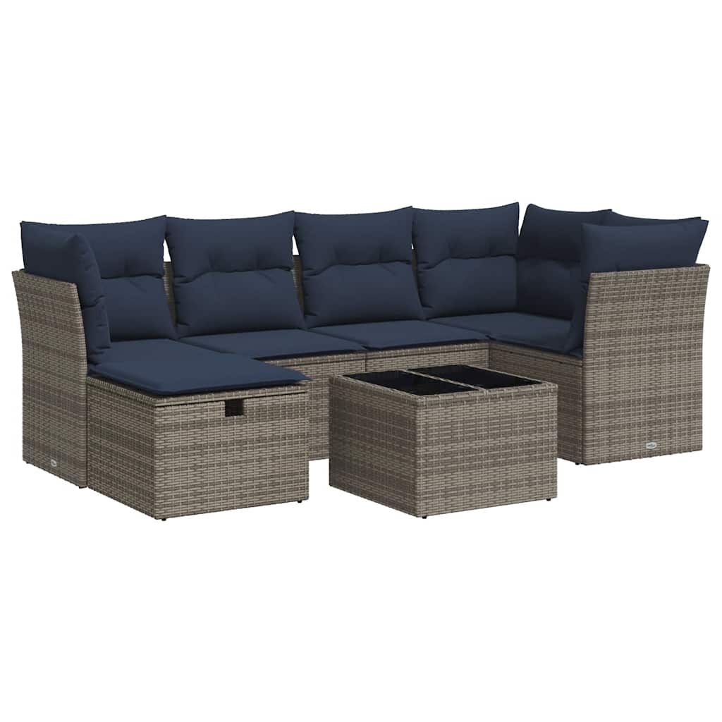 7-tlg. Garten-Sofagarnitur mit Kissen Grau Poly Rattan
